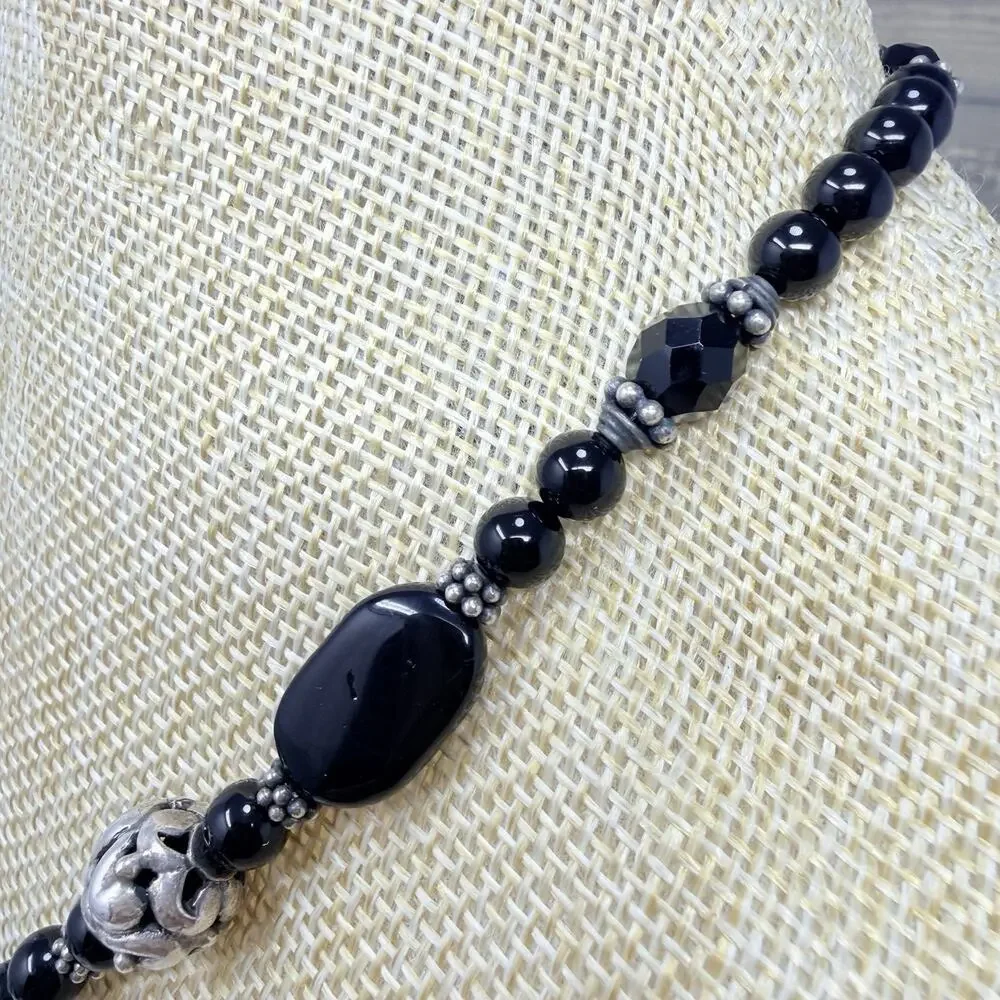 Vintage Sterling Silver 925 and Beaded Black Onyx Pendant Necklace 18 Inch